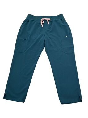 FIGS Yola Skinny Cargo Women's Teal (Caribbean Blue) Scrub Pants Pink Drawstring